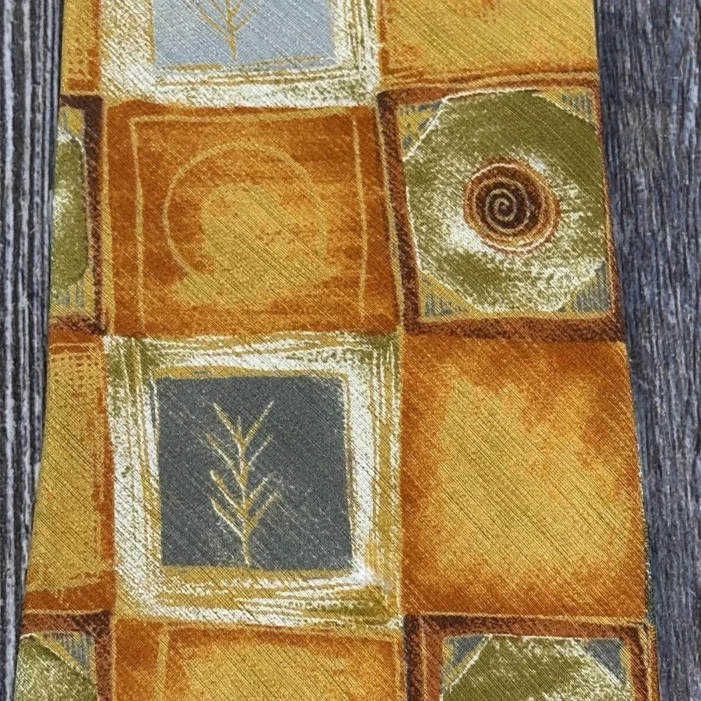 Ermenegildo Zegna 100% Silk‎ Tie Geometric Square Pattern Gold Orange Gray Italy